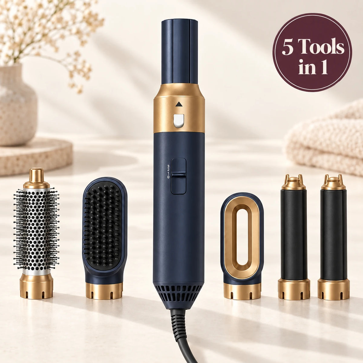 Alsunu 5-in-1 hair styler in navy and gold with five matching attachments