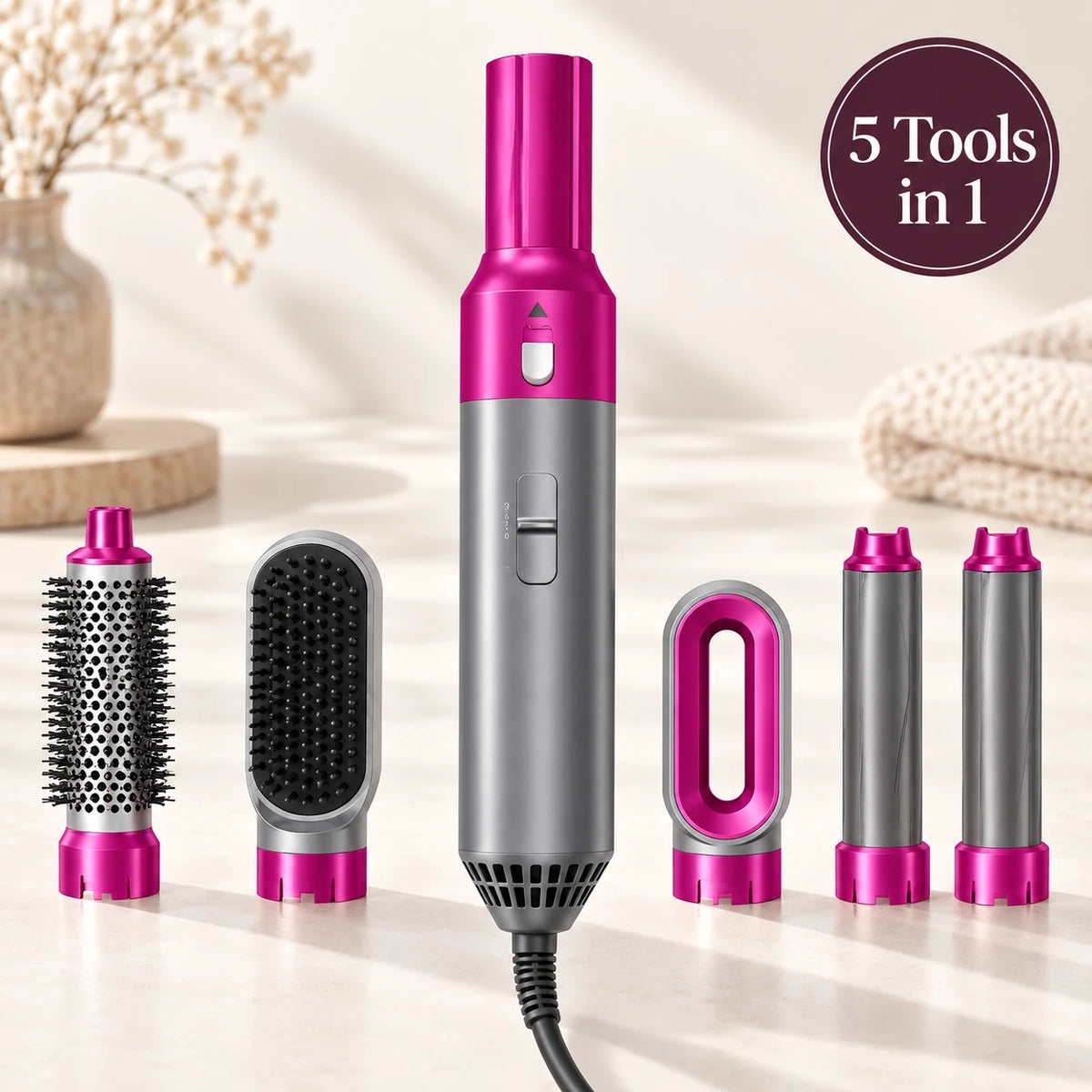 Alsunu 5-in-1 hair styler in rose red and silver with five matching attachments