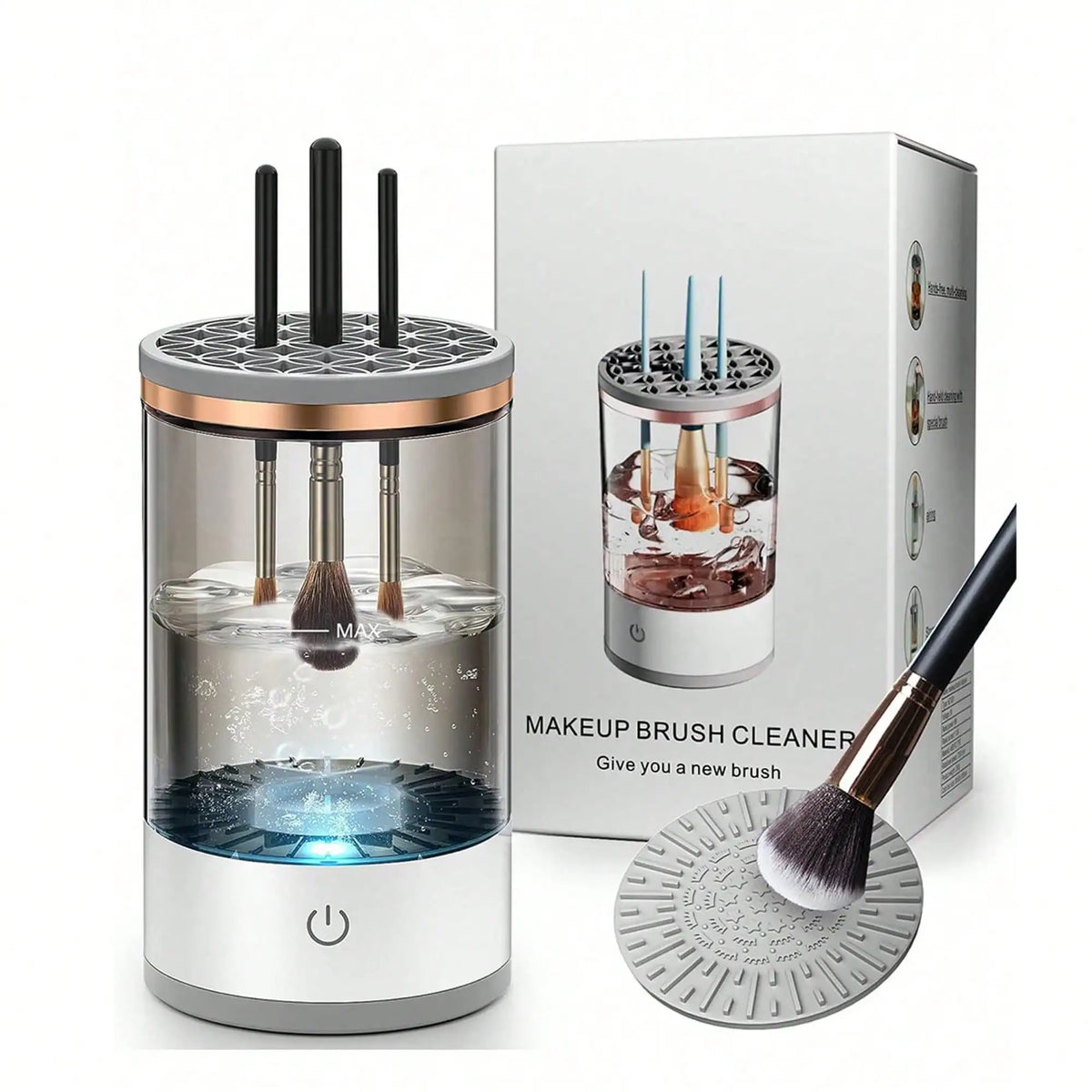 Alsunu electric makeup brush cleaner with brushes in the silicone cap
