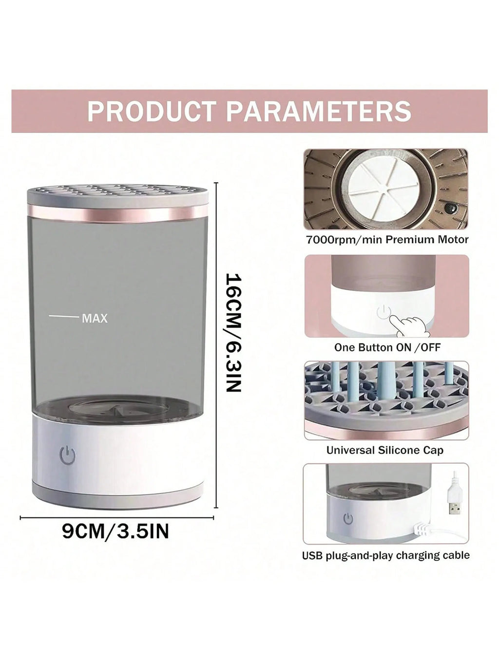 Brush cleaner size 3.5 by 6.3 inches with motor, button, cap and USB cable details