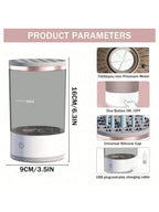 Brush cleaner size 3.5 by 6.3 inches with motor, button, cap and USB cable details