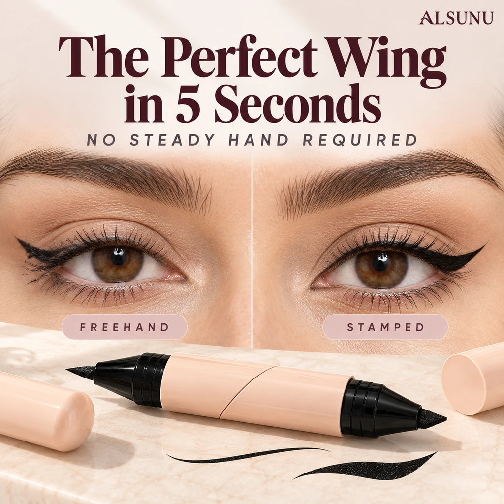 Before and after: uneven freehand winged eyeliner vs. a crisp, symmetrical wing made with the eyeliner stamp