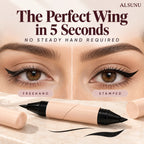 Before and after: uneven freehand winged eyeliner vs. a crisp, symmetrical wing made with the eyeliner stamp