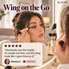 Woman applying the eyeliner stamp at a vanity mirror, with a 5-star customer review