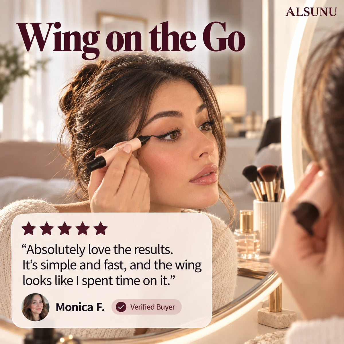 Woman applying the eyeliner stamp at a vanity mirror, with a 5-star customer review