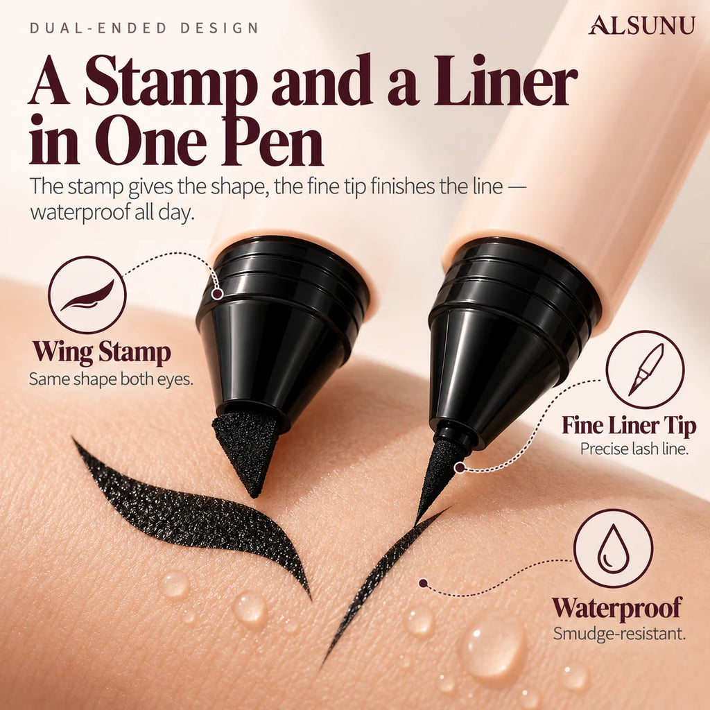 Dual-ended eyeliner pen with a wing stamp on one end and a fine liner tip on the other, waterproof formula