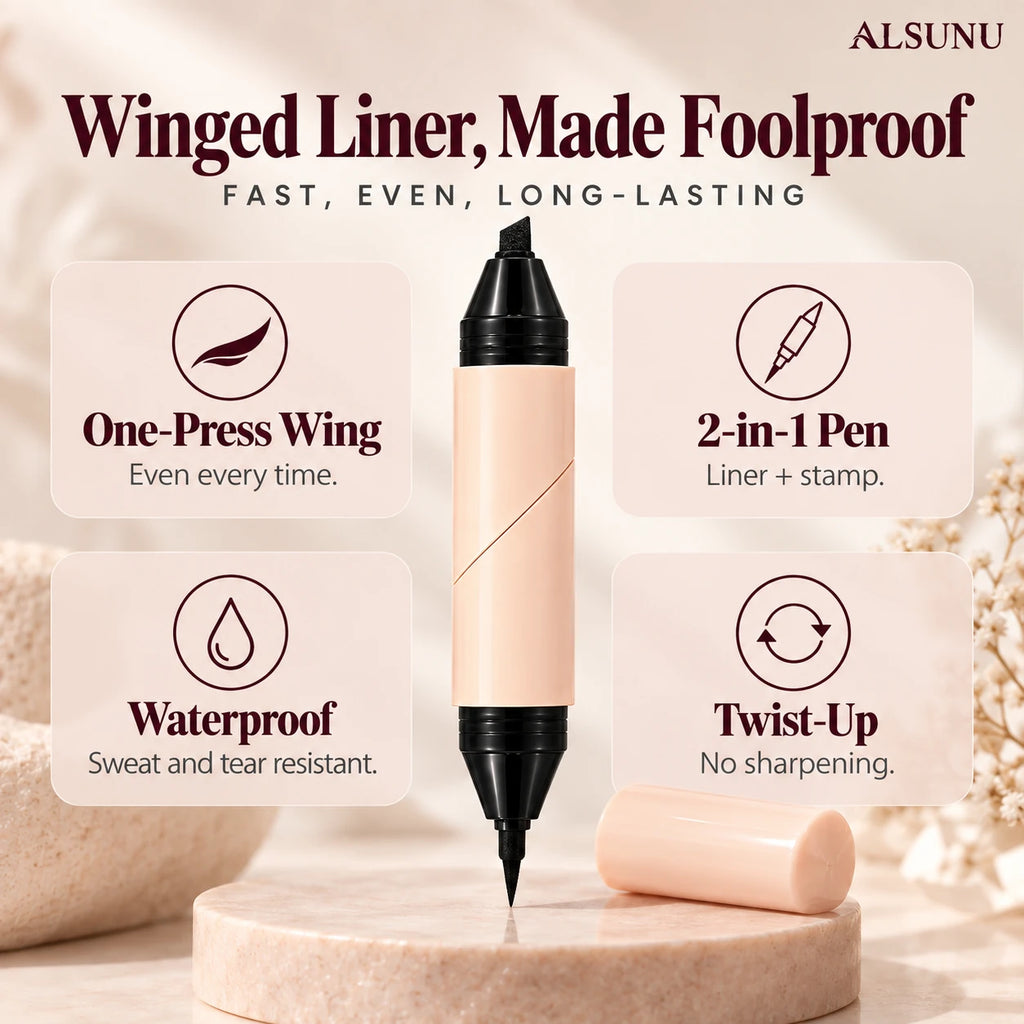 Eyeliner stamp features: one-press wing, 2-in-1 pen, waterproof and sweat resistant, twist-up with no sharpening