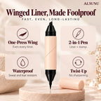 Eyeliner stamp features: one-press wing, 2-in-1 pen, waterproof and sweat resistant, twist-up with no sharpening