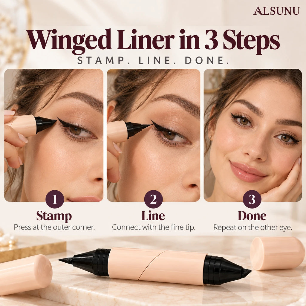 How to use the eyeliner stamp in 3 steps: stamp the outer corner, connect with the fine tip, repeat on the other eye