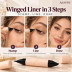 How to use the eyeliner stamp in 3 steps: stamp the outer corner, connect with the fine tip, repeat on the other eye