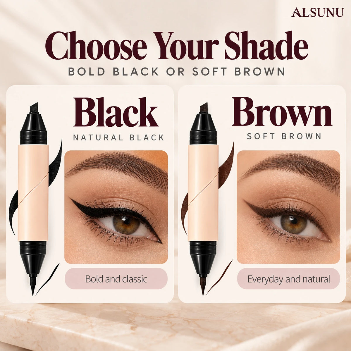 Eyeliner stamp shades: bold natural black and soft brown winged liner looks