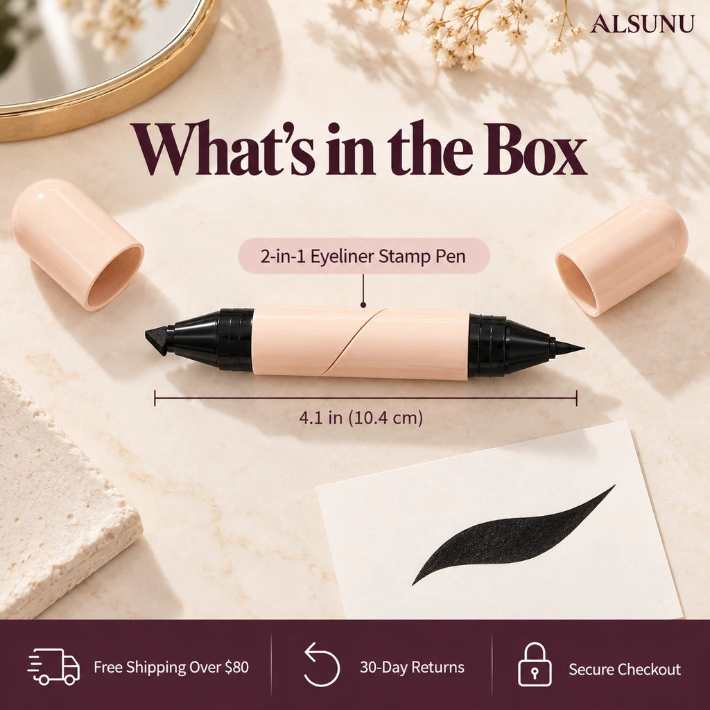 What's in the box: one 4.1 inch 2-in-1 eyeliner stamp pen, free shipping over $80, 30-day returns