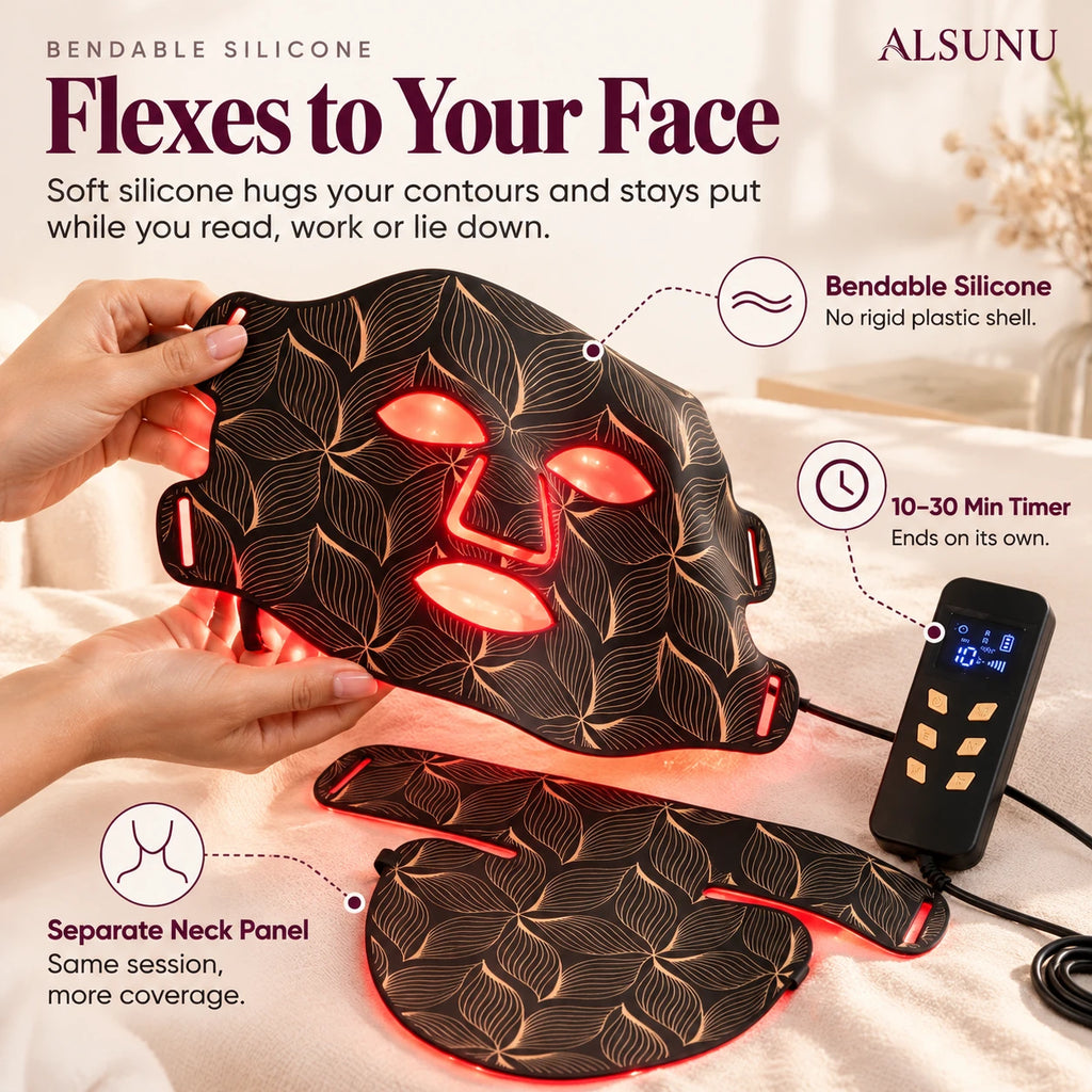 Hands bending the flexible silicone LED mask, with separate neck panel and a 10 to 30 minute auto timer