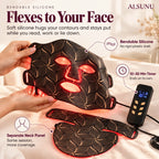 Hands bending the flexible silicone LED mask, with separate neck panel and a 10 to 30 minute auto timer