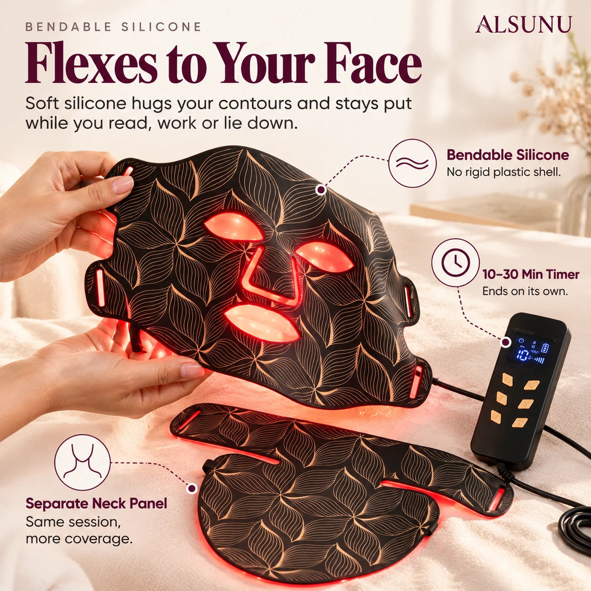 Hands bending the flexible silicone LED mask, with separate neck panel and a 10 to 30 minute auto timer