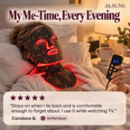 Woman lying in bed wearing the glowing LED face and neck mask in the evening, with a 5-star customer review