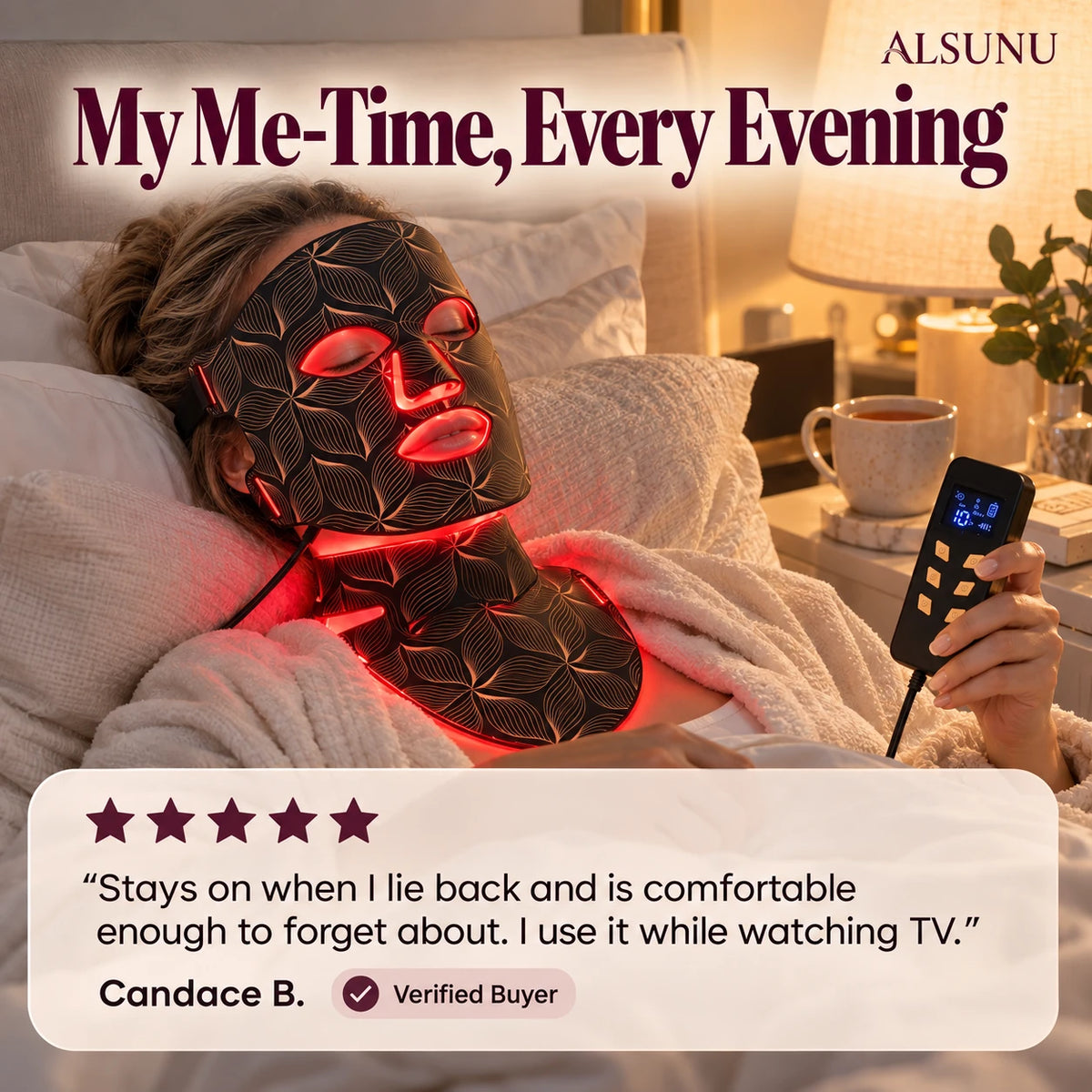 Woman lying in bed wearing the glowing LED face and neck mask in the evening, with a 5-star customer review