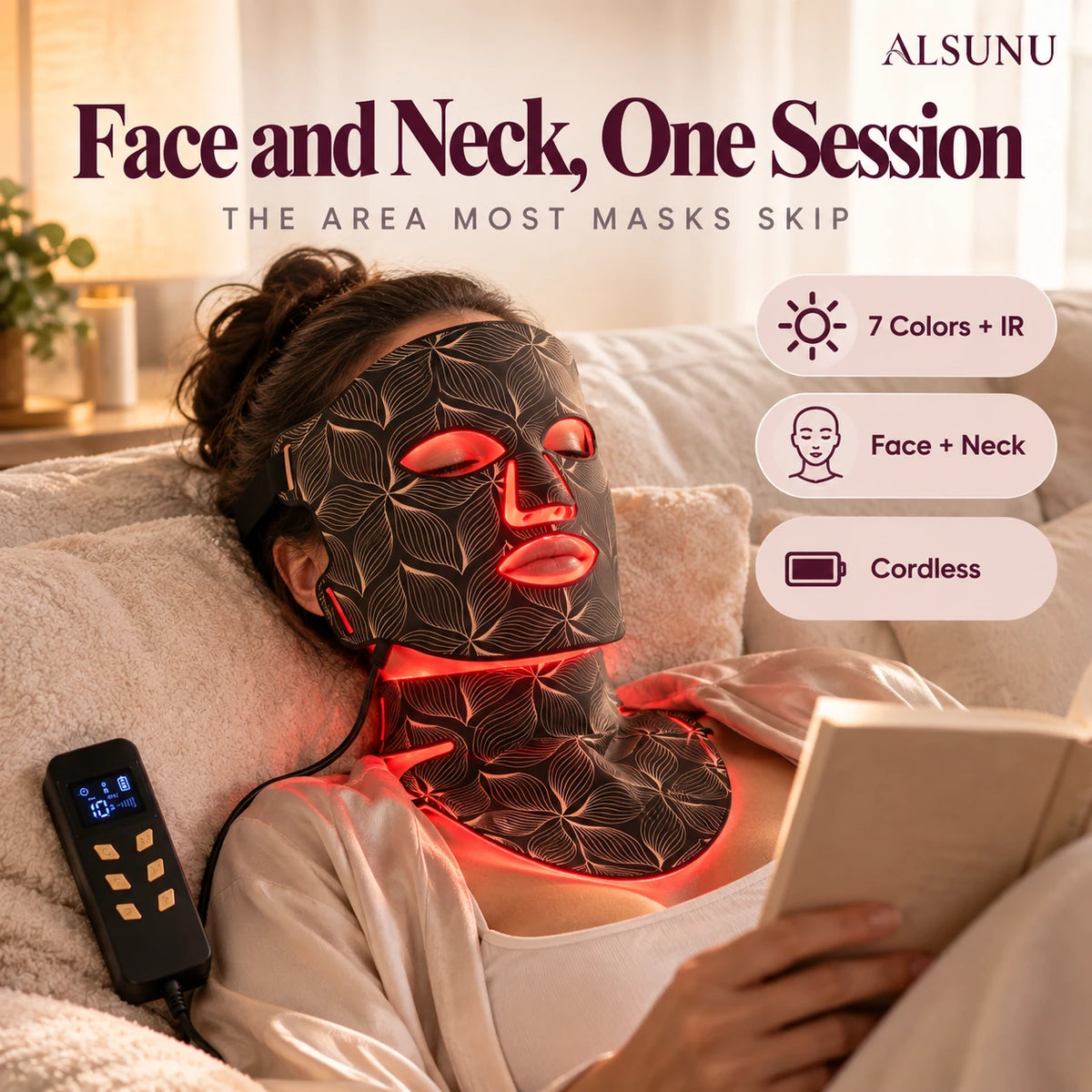 Woman relaxing with a book while wearing the LED face mask and neck panel together in one session