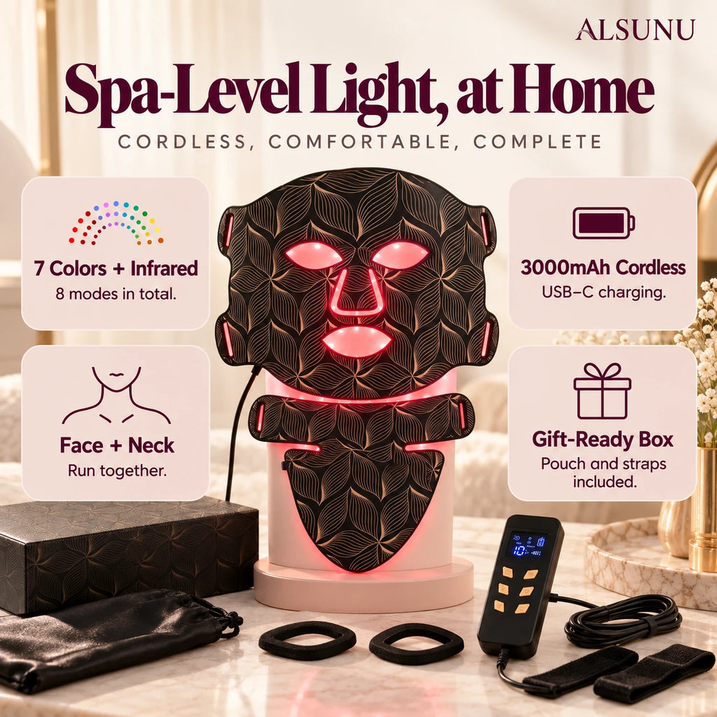 LED face and neck mask features: 7 colors plus infrared, face and neck panels, 3000mAh cordless, gift-ready box