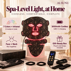 LED face and neck mask features: 7 colors plus infrared, face and neck panels, 3000mAh cordless, gift-ready box