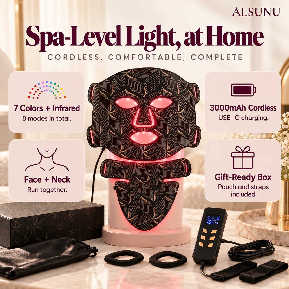 LED face and neck mask features: 7 colors plus infrared, face and neck panels, 3000mAh cordless, gift-ready box