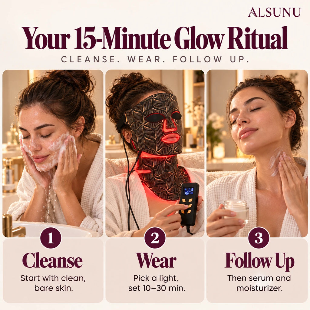How to use the LED face mask in 3 steps: cleanse bare skin, wear and set 10 to 30 minutes, follow with serum
