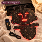 Alsunu LED face and neck mask in bendable silicone glowing red, with separate neck panel and handheld controller