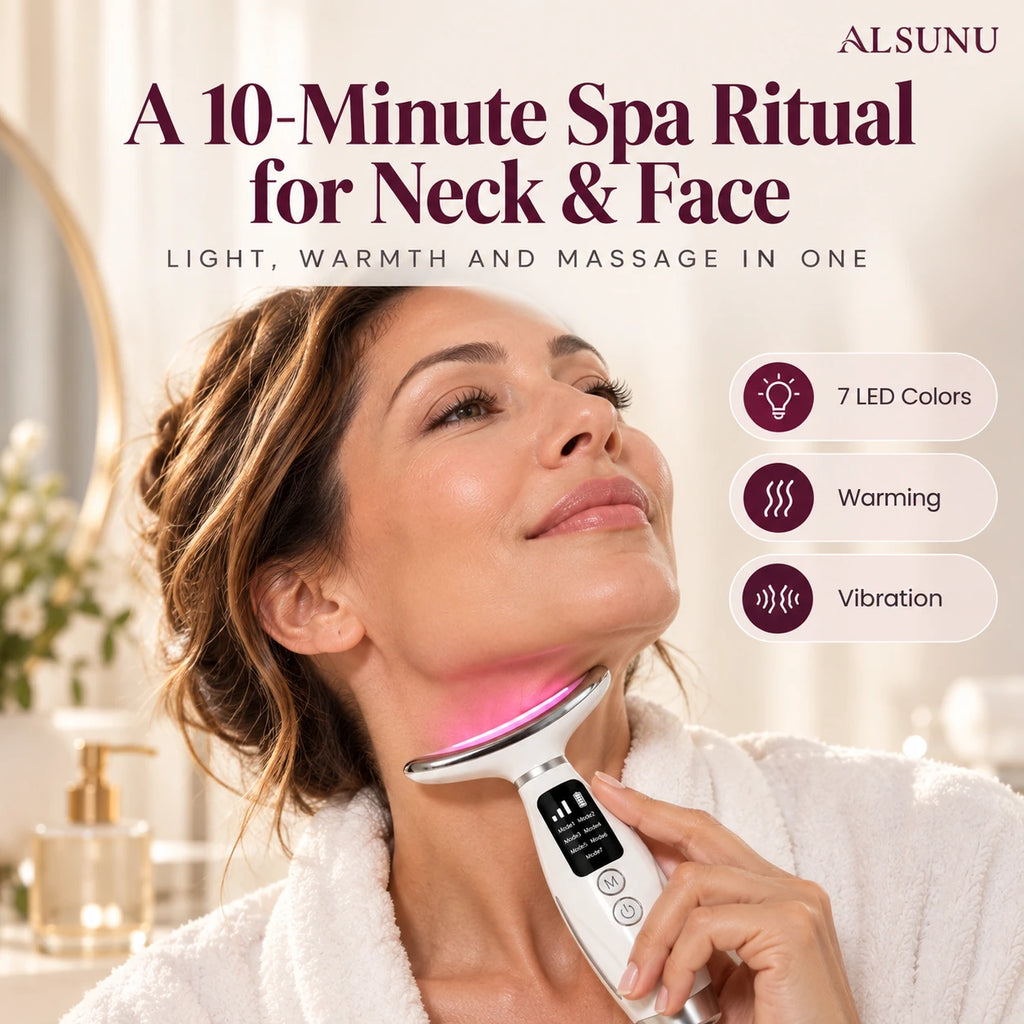 Woman gliding the LED neck and face massager along her neck, with LED light, warming and vibration in one