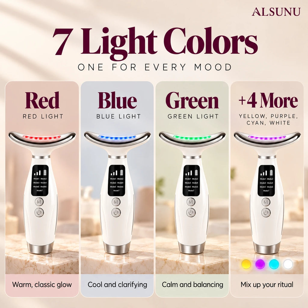 Seven LED light colors of the neck and face massager: red, blue, green, yellow, purple, cyan and white