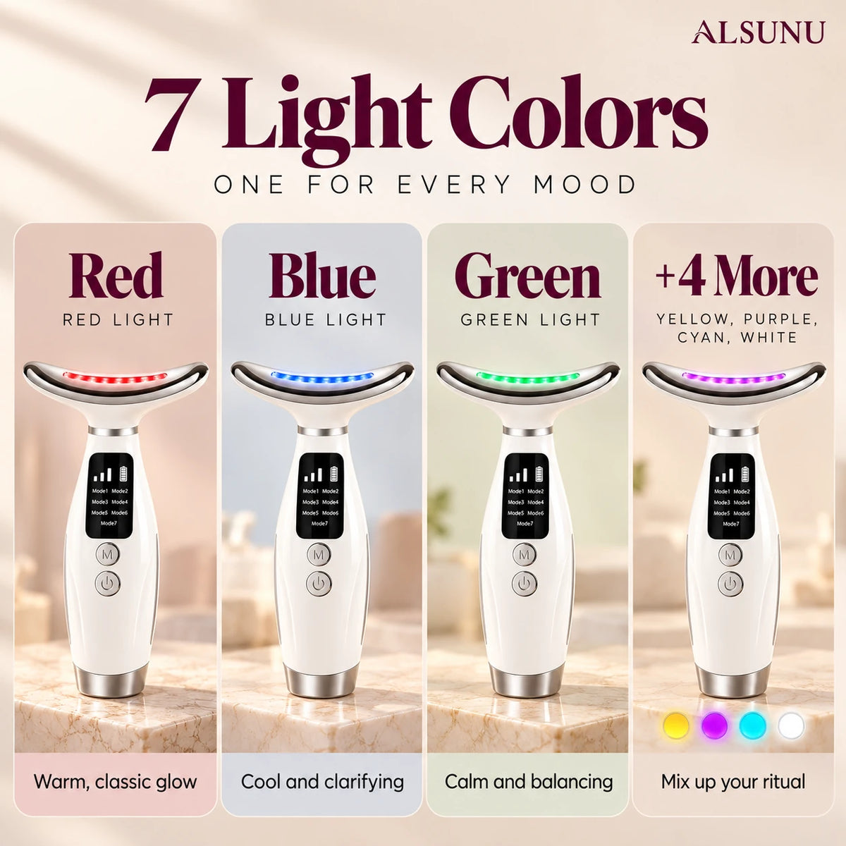 Seven LED light colors of the neck and face massager: red, blue, green, yellow, purple, cyan and white