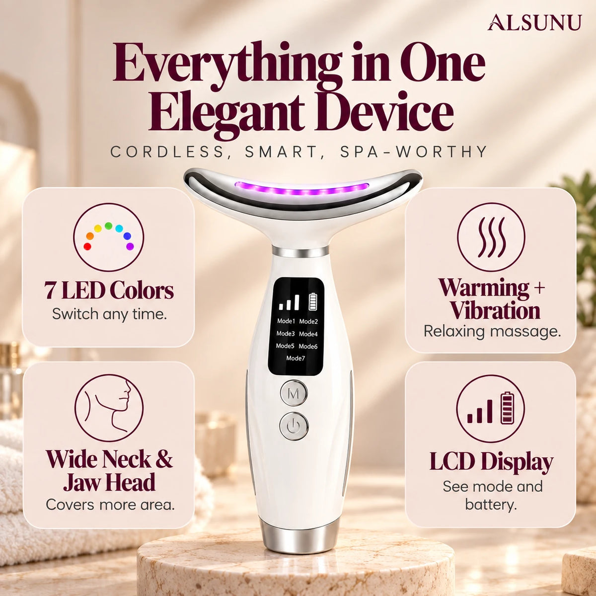 LED neck and face massager features: 7 LED colors, warming and vibration, wide neck and jaw head, LCD display