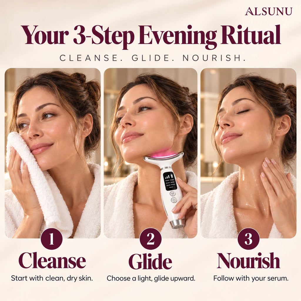 How to use the LED neck massager in 3 steps: cleanse skin, glide upward with a light mode, follow with serum