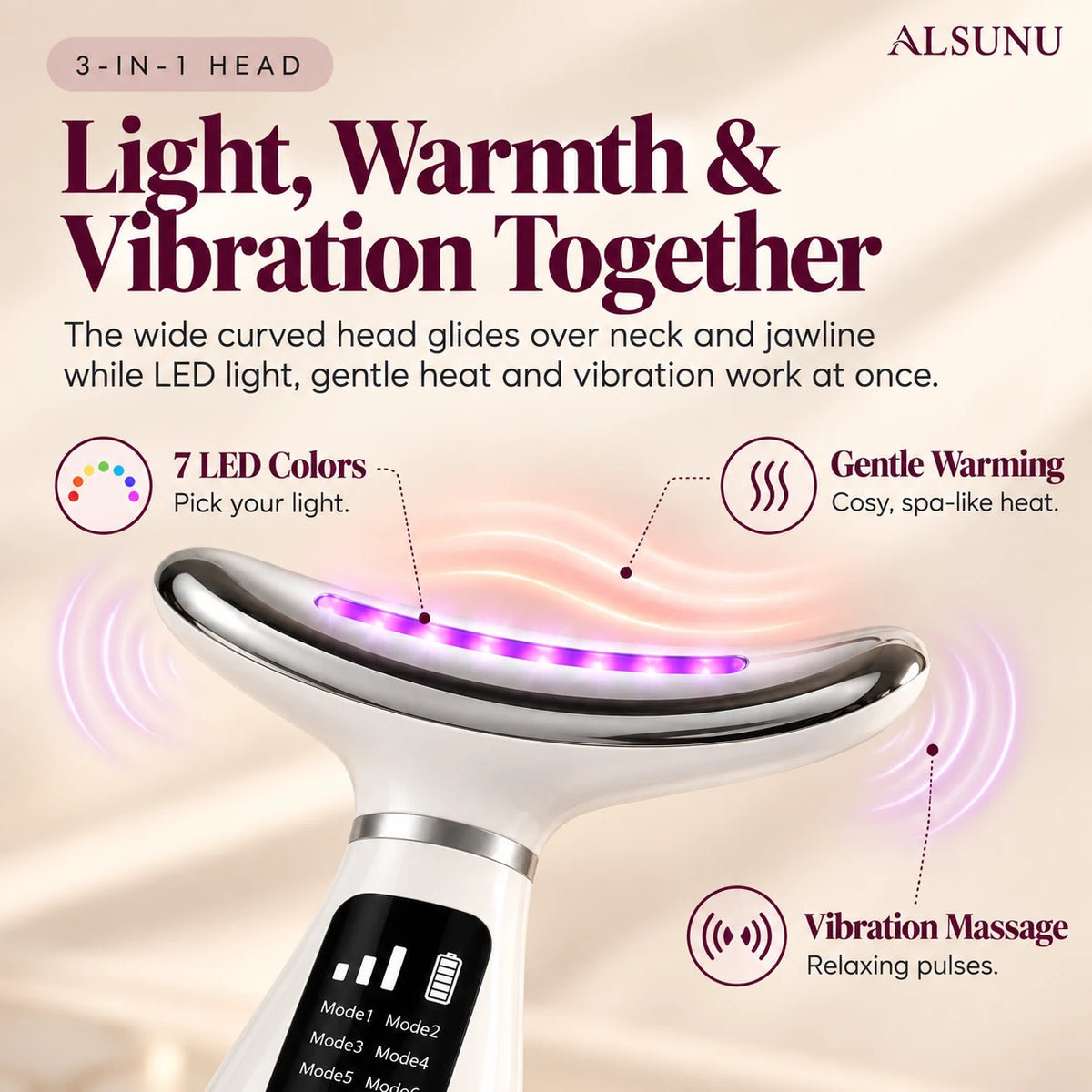 Curved 3-in-1 massager head combining 7 LED colors, gentle warming and vibration massage for neck and jawline