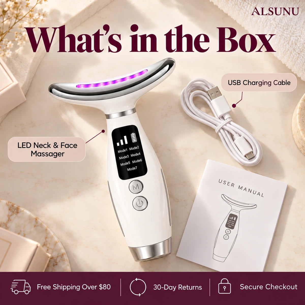 What's in the box: LED neck and face massager, USB charging cable and user manual, free shipping over $80