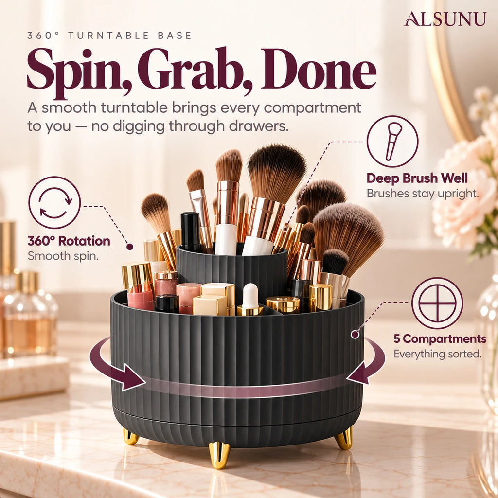360 degree turntable base with a deep brush well and 5 compartments that bring every product within reach