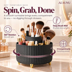 360 degree turntable base with a deep brush well and 5 compartments that bring every product within reach