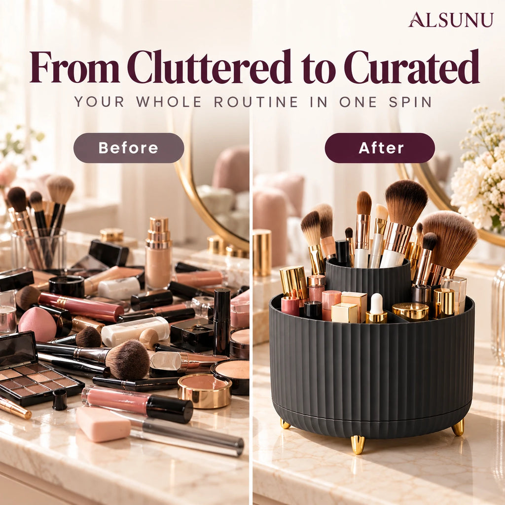 Before and after: cluttered vanity with scattered makeup vs. everything sorted in the rotating makeup organizer