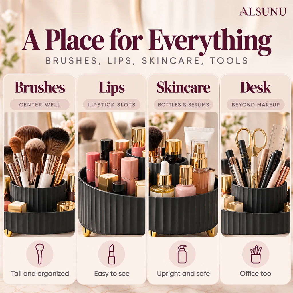 Rotating organizer storage ideas: makeup brushes in the center well, lipsticks, skincare bottles and desk supplies