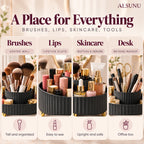 Rotating organizer storage ideas: makeup brushes in the center well, lipsticks, skincare bottles and desk supplies