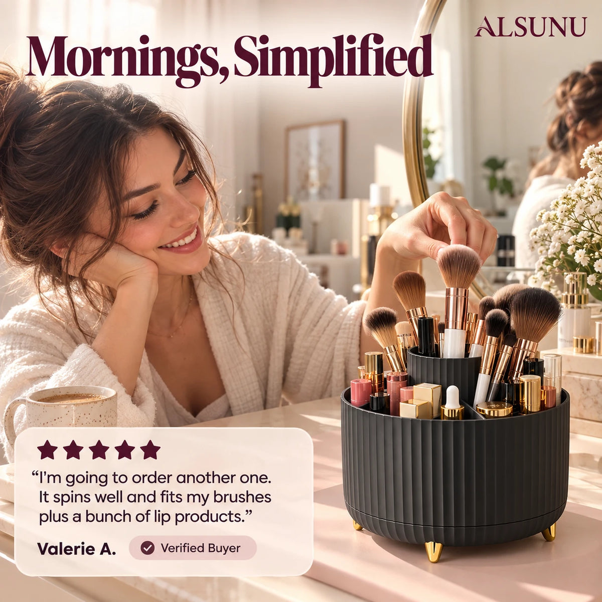 Smiling woman taking a brush from the rotating makeup organizer on her vanity, with a 5-star customer review