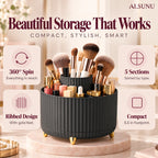 Rotating makeup organizer features: 360 spin, 5 sections, ribbed design with gold feet, compact 5.5 inch footprint