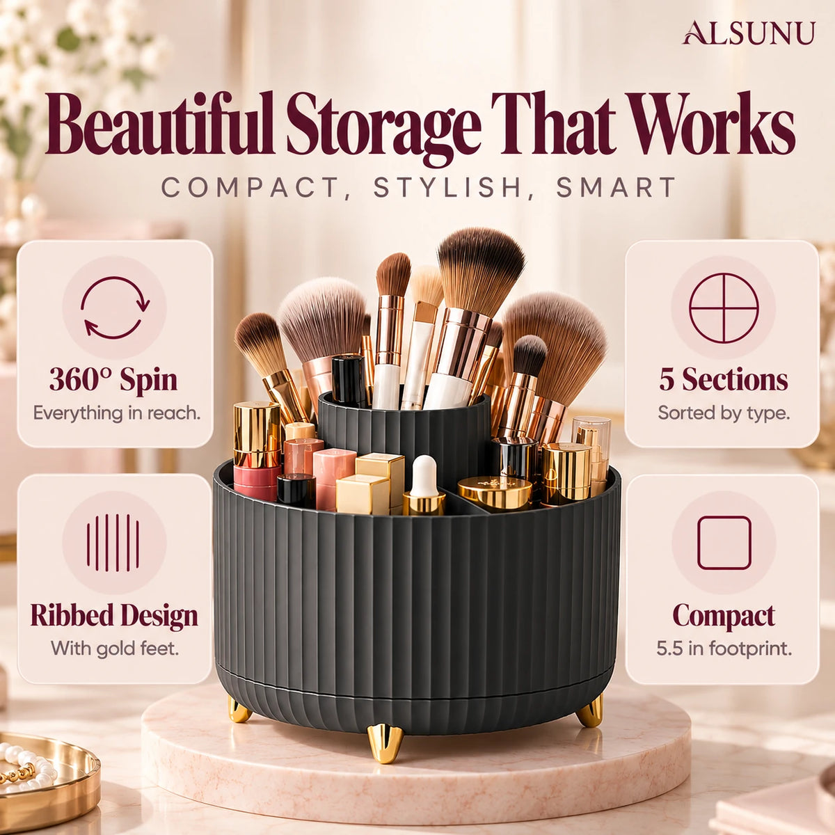 Rotating makeup organizer features: 360 spin, 5 sections, ribbed design with gold feet, compact 5.5 inch footprint