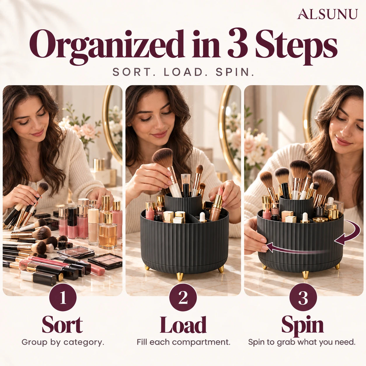 How to organize makeup in 3 steps: sort by category, load each compartment, spin to grab what you need