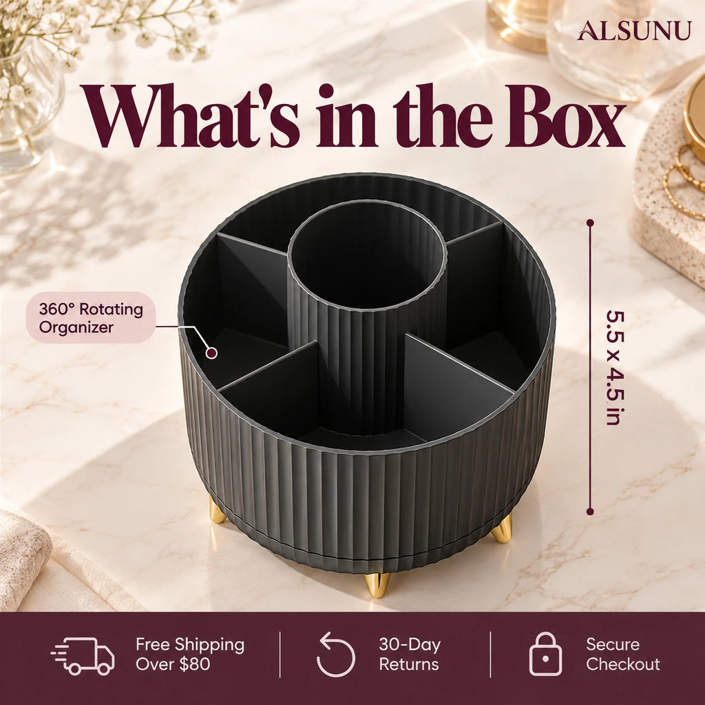What's in the box: one 5.5 x 4.5 inch 360 degree rotating makeup organizer, free shipping over $80