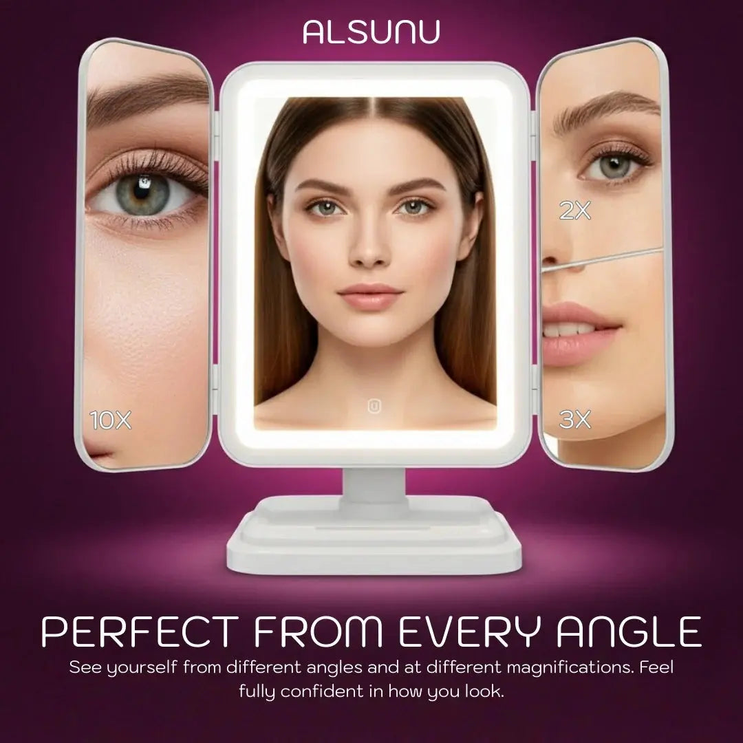 Alsunu trifold LED makeup mirror showing 1x, 2x, 3x and 10x magnification for detailed makeup application from every angle
