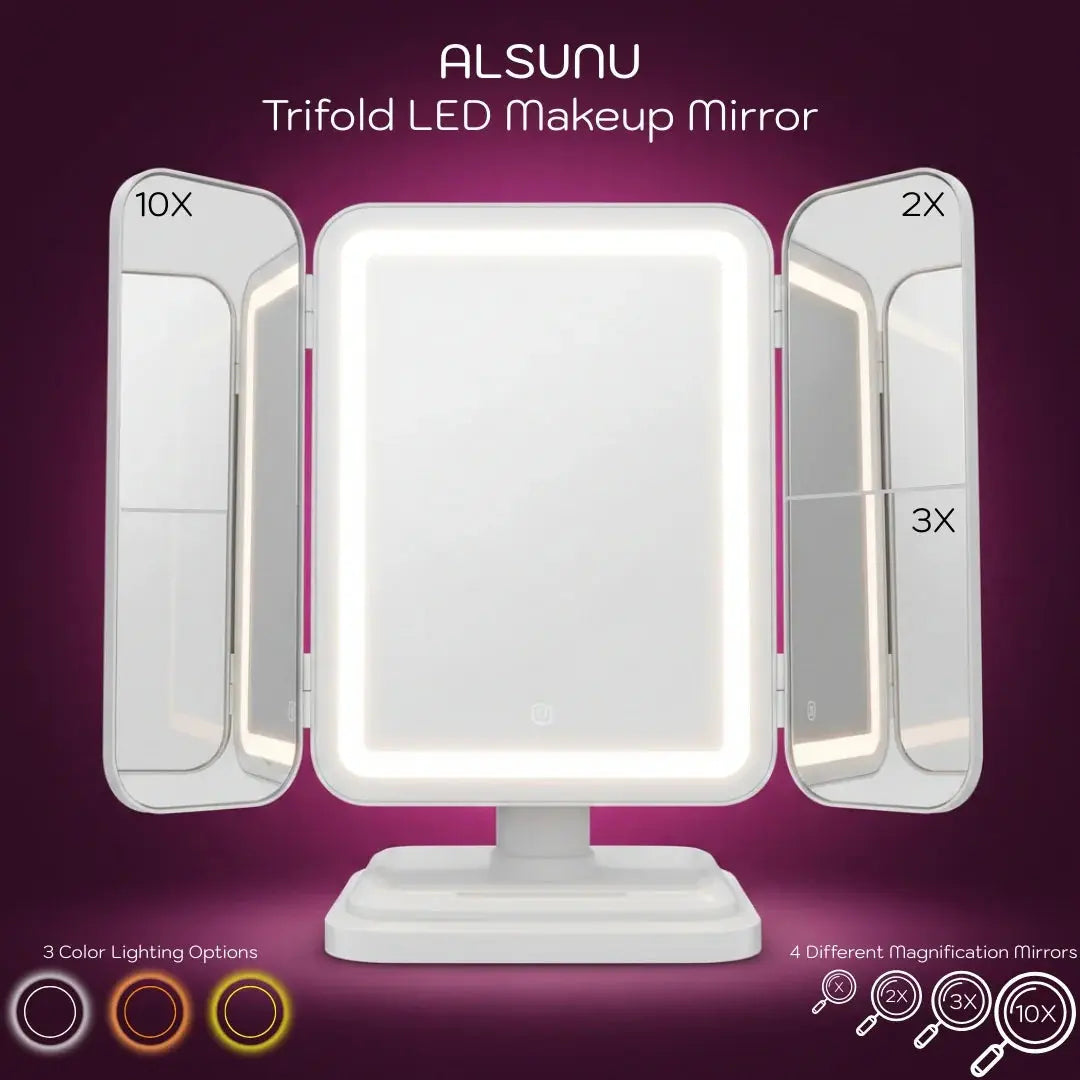 ALSUNU trifold LED makeup mirror with 1x, 2x, 3x and 10x magnification and three adjustable lighting modes for precise makeup application
