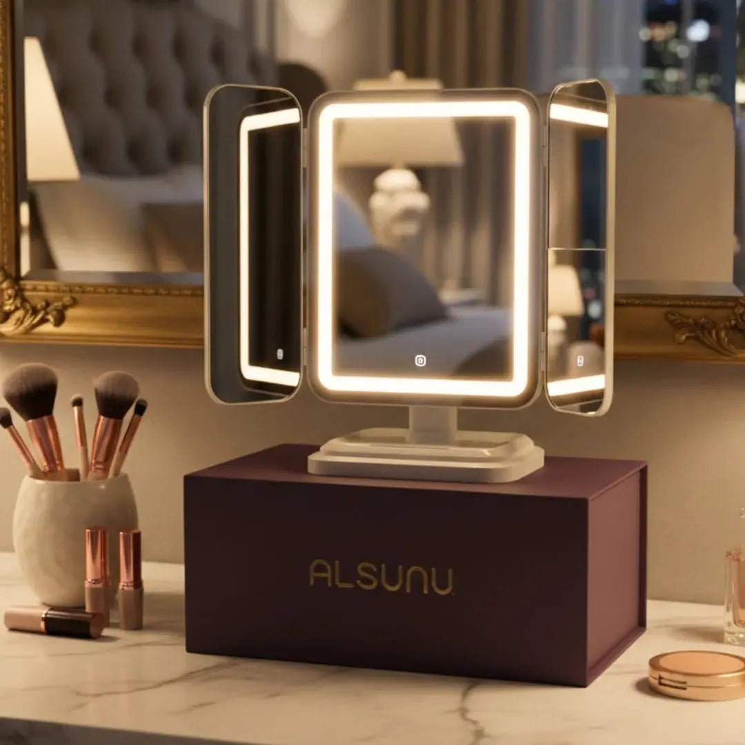 Alsunu trifold LED makeup mirror displayed on a vanity table with soft LED
