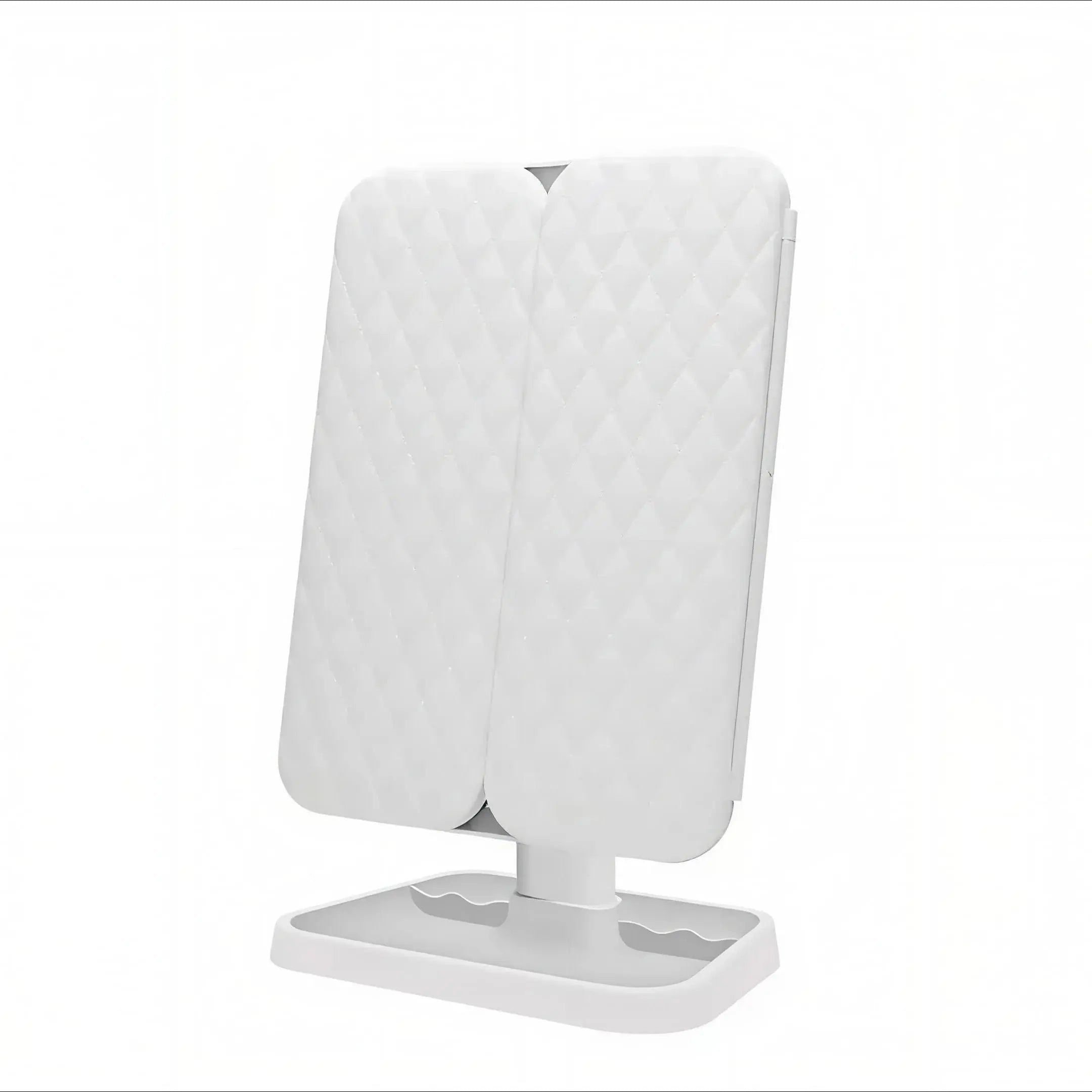 Rear view of the Alsunu trifold LED makeup mirror featuring a quilted white design on a clean studio background
