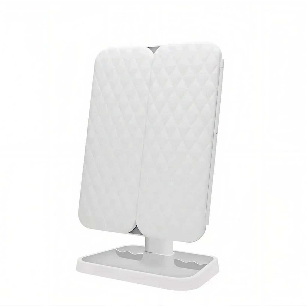 Rear view of the Alsunu trifold LED makeup mirror featuring a quilted white design on a clean studio background
