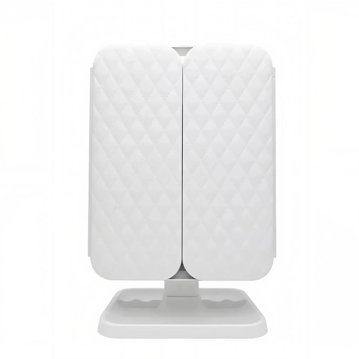 Closed rear view of the Alsunu trifold LED makeup mirror with a quilted white finish on a white background

